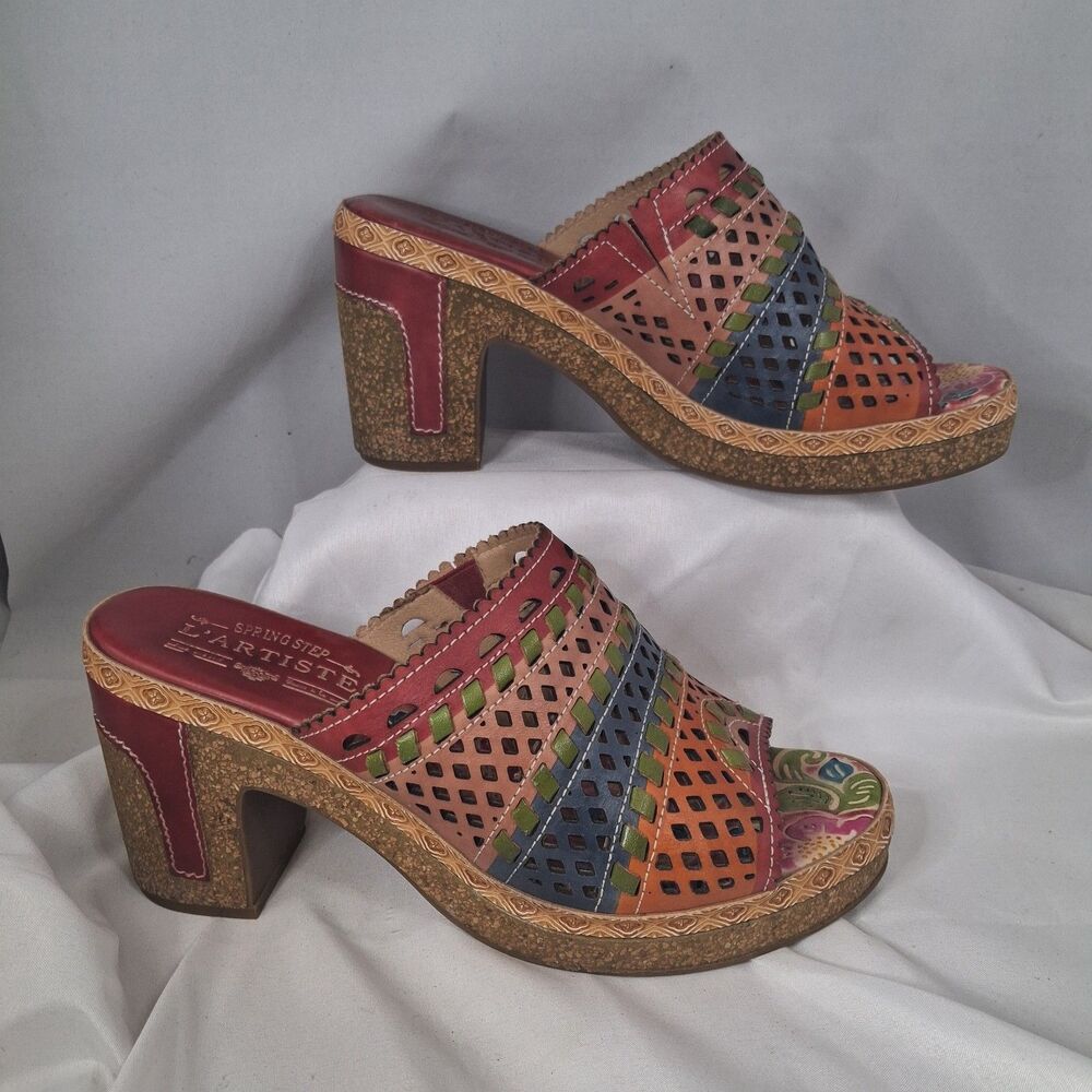 L'artiste Spring Step Guayas Multicolor Painted Cut Leather Slide Heels US 8.5